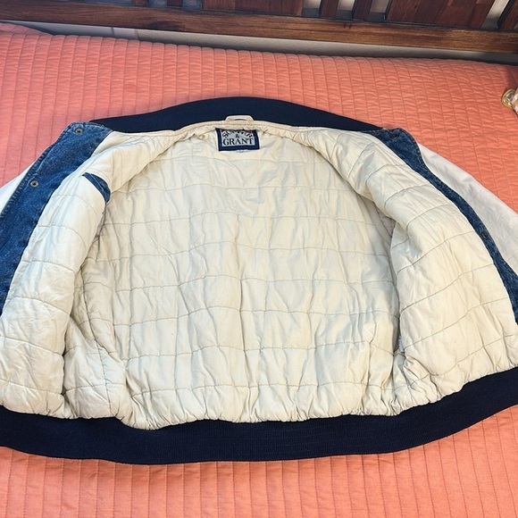 Vintage Denim Trucker Varsity Bomber Jacket Puff Quilted lining Mens Large - Picture 5 of 16